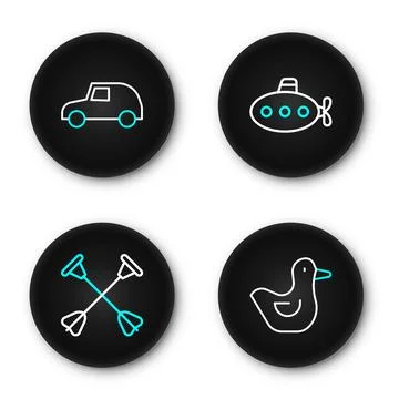 Set line Rubber duck, Arrow with sucker tip, Submarine toy and Toy car icon.. Stock-Illustration