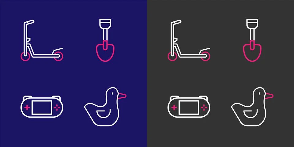 Set line Rubber duck, Portable video game console, Shovel toy and Scooter i.. Stock Illustration