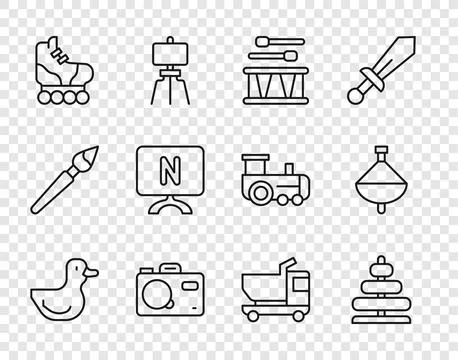 Set line Rubber duck, Pyramid toy, Drum with drum sticks, Photo camera, Rol.. Stock Illustration