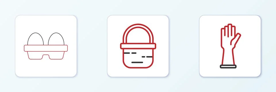Set line Rubber gloves, Chicken egg in box and Basket icon. Vector Stock Illustration