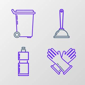 Set line Rubber gloves, Plastic bottles for liquid dishwashing liquid, Toilet Stock Illustration