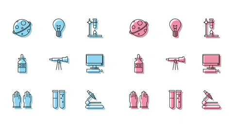 Set line Rubber gloves, Test tube and flask chemical laboratory, Planet イラスト素材