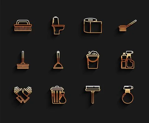 Set line Rubber gloves, Trash can and garbage bag, Brush for cleaning, Squeegee イラスト素材