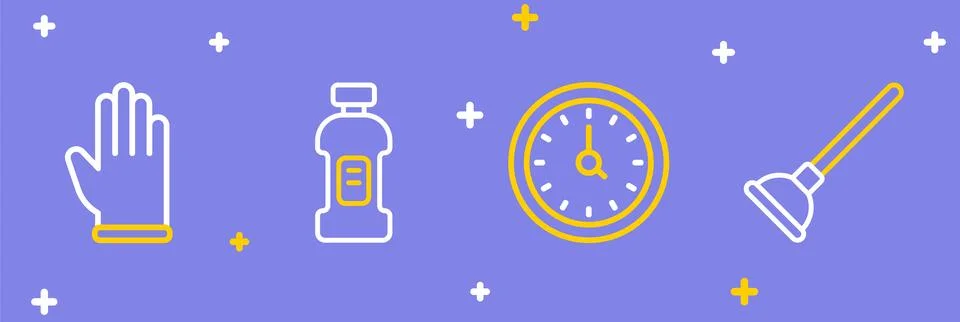 Set line Rubber plunger, Clock, Bottle for detergent and gloves icon. Vector Stock Illustration