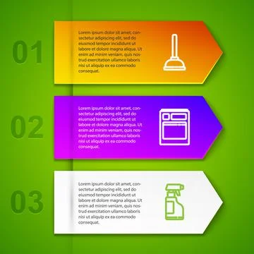 Set line Rubber plunger, Kitchen dishwasher machine, Spray bottle with detergent Stock Illustration