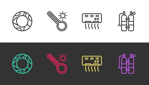 Set line Rubber swimming ring, Meteorology thermometer, Air conditioner and Stock Illustration