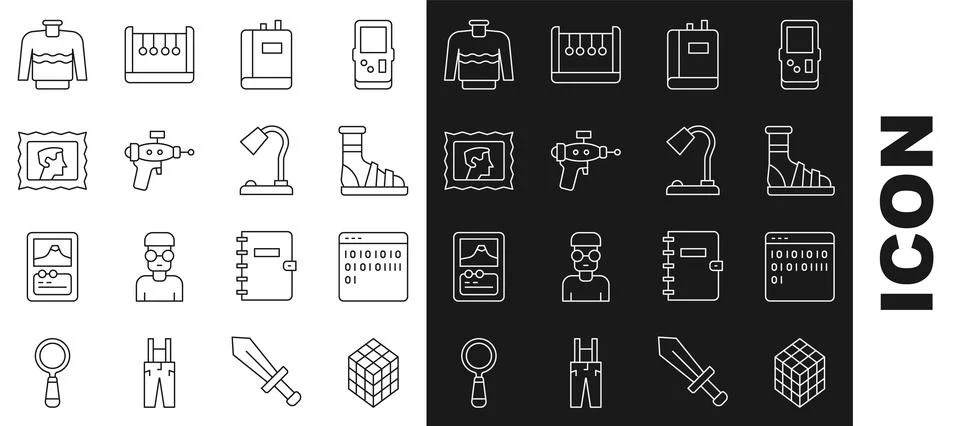 Set line Rubik cube, Binary code, Slippers with socks, Book, Ray gun, Posta.. Illustrazione stock