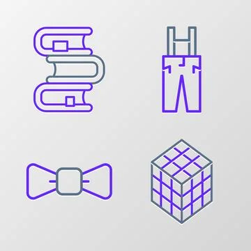 Set line Rubik cube, Bow tie, Pants with suspenders and Book icon. Vector 스톡 일러스트