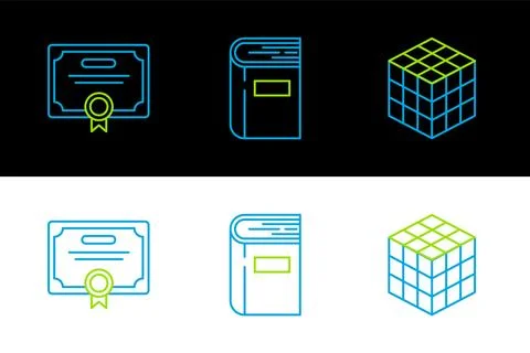 Set line Rubik cube, Certificate template and Book icon. Vector Stock Illustration