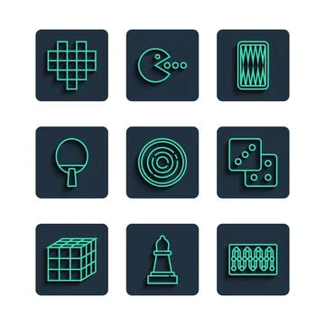 Set line Rubik cube, Chess, Board game, Backgammon board, Checker chips, Racket Stock Illustration
