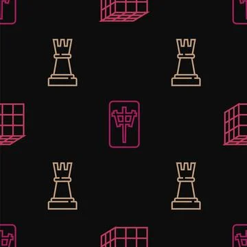Set line Rubik cube, Chess and Mahjong pieces on seamless pattern. Vector Illustrazione stock