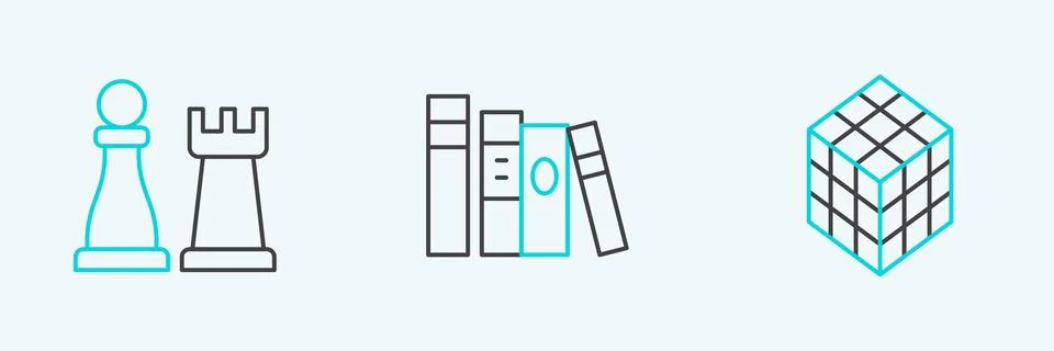Set line Rubik cube, Chess and Book icon. Vector 스톡 일러스트