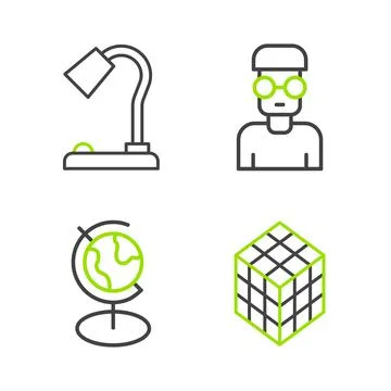 Set line Rubik cube, Earth globe, Nerd geek and Table lamp icon. Vector Stock Illustration