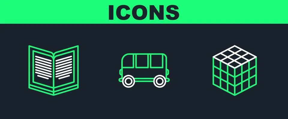 Set line Rubik cube, Open book and School Bus icon. Vector Stock Illustration