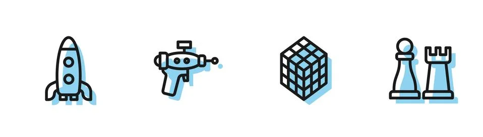 Set line Rubik cube, Rocket ship, Ray gun and Chess icon. Vector Stock Illustration