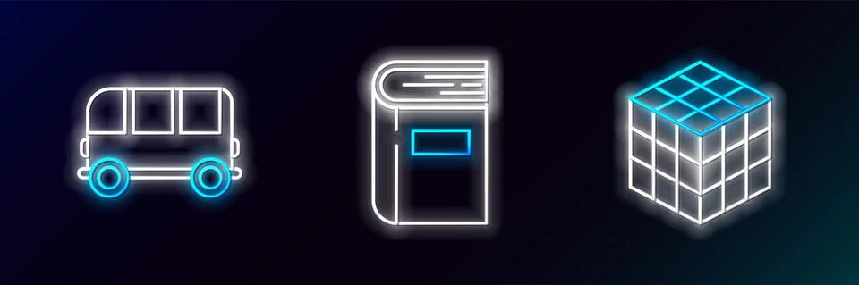 Set line Rubik cube, School Bus and Book icon. Glowing neon. Vector Stock Illustration