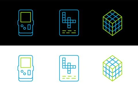 Set line Rubik cube, Tetris and Crossword icon. Vector Stock Illustration