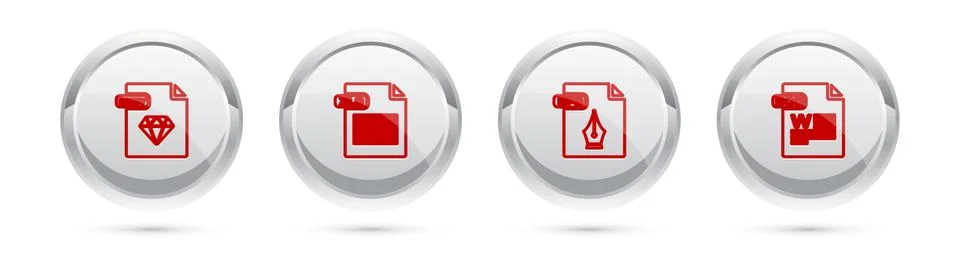 Set line RUBY file document, XLS, EPS and DOC. Silver circle button. Vector Stock-Illustration