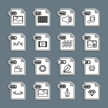 Set line RUBY file document, JS, GIF, WMA, MP4, XSL, TIFF and PNG icon. Vector Stock Illustration