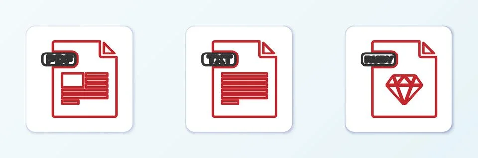 Set line RUBY file document, PDF and TXT icon. Vector Stock Illustration