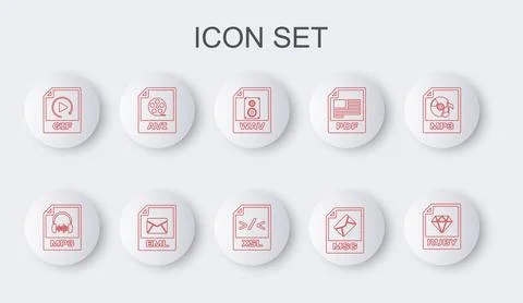 Set line RUBY file document, MP3, WAV, MSG, GIF, AVI, EML and XSL icon. Vector Stock Illustration