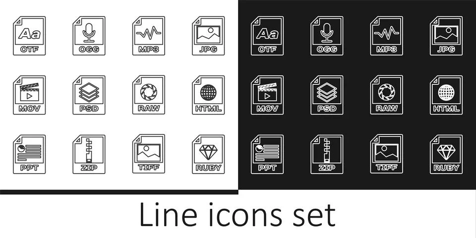 Set line RUBY file document, HTML, MP3, PSD, MOV, OTF, RAW and OGG icon. Vector Stock Illustration