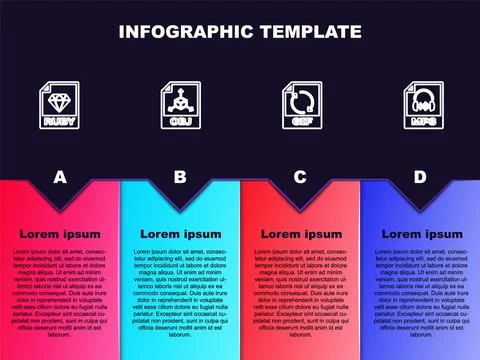 Set line RUBY file document, OBJ, GIF and MP3. Business infographic template. Illustrazione stock