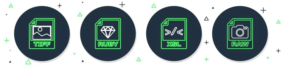 Set line RUBY file document, XSL, TIFF and RAW icon. Vector Stock Illustration