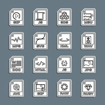 Set line RUBY file document, JPG, WAV, 3DS, SVG, MP3, GIF and XML icon. Vecto Stock Illustration