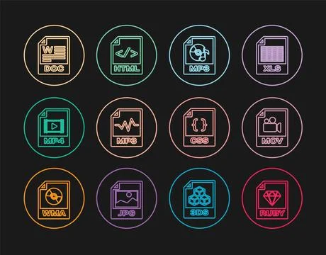 Set line RUBY file document, MOV, MP3, MP4, DOC, CSS and HTML icon. Vector Stock Illustration