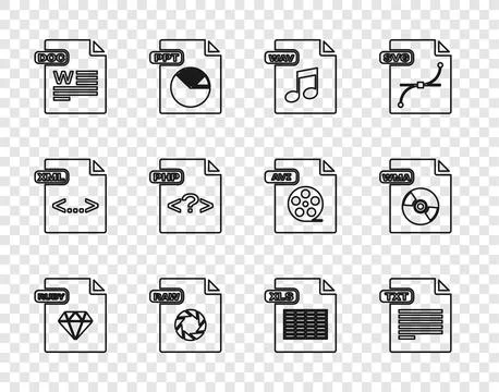 Set line RUBY file document, TXT, WAV, RAW, DOC, PHP, XLS and WMA icon. Vector イラスト素材