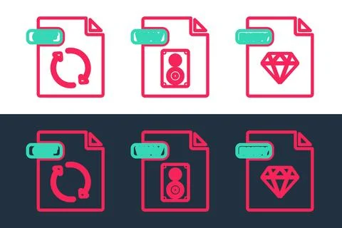 Set line RUBY file document, GIF and WAV icon. Vector Illustrazione stock