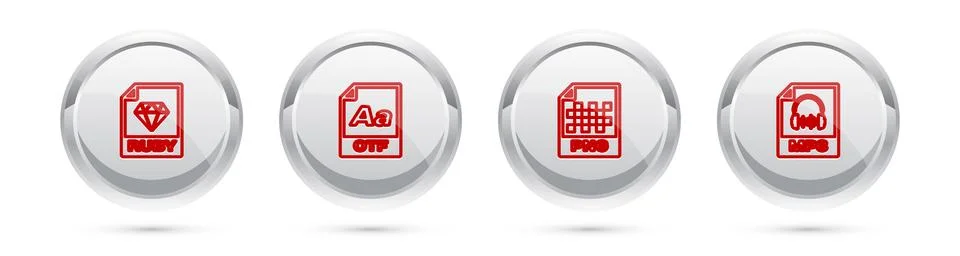 Set line RUBY file document, OTF, PNG and MP3. Silver circle button. Vector Stock Illustration