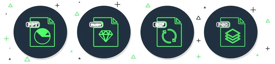 Set line RUBY file document, GIF, PPT and PSD icon. Vector Illustrazione stock