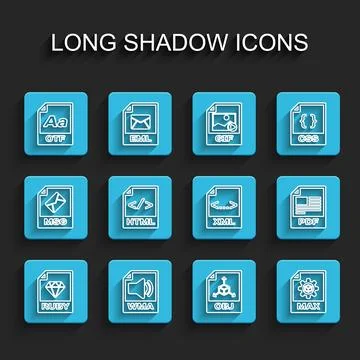 Set line RUBY file document, WMA, OTF, OBJ, MAX, HTML, PDF and XML icon. Vect Illustrazione stock