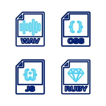 Set line RUBY file document, JS, CSS and WAV icon. Vector イラスト素材