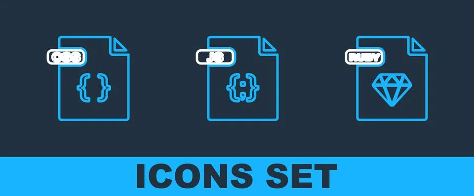 Set line RUBY file document, CSS and JS icon. Vector Stock Illustration