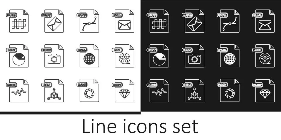 Set line RUBY file document, AVI, SVG, RAW, PPT, PNG, HTML and MSG icon. Vect Stock Illustration