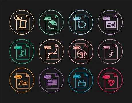 Set line RUBY file document, MP3, GIF, SVG, WAV, JS,  and PPT icon. Vector Stock Illustration
