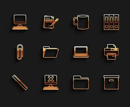 Set line Ruler, Computer with keyboard and x mark, monitor, Document folder,  스톡 일러스트