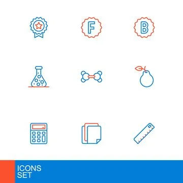 Set line Ruler File document Calculator Pear Test tube Molecule Exam paper wi Stock Illustration
