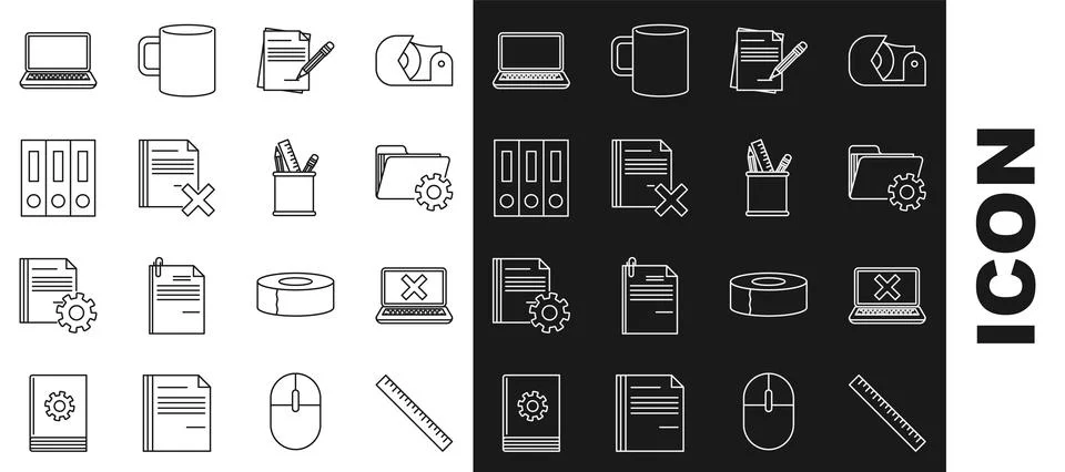 Set line Ruler Folder settings with gears Blank notebook pencil eraser Delete 스톡 일러스트