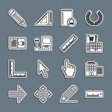 Set line Ruler, Hotel building, Mall or supermarket, Audio book, Bus stop Ilustración de archivo