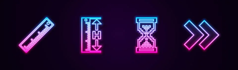 Set line Ruler, Measuring height and length, Hourglass pixel and Arrow. Glowing Stock-Illustration