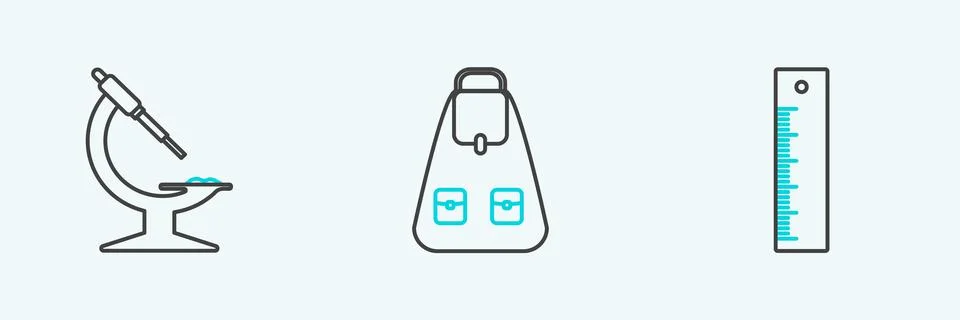 Set line Ruler, Microscope and School backpack icon. Vector Illustrazione stock