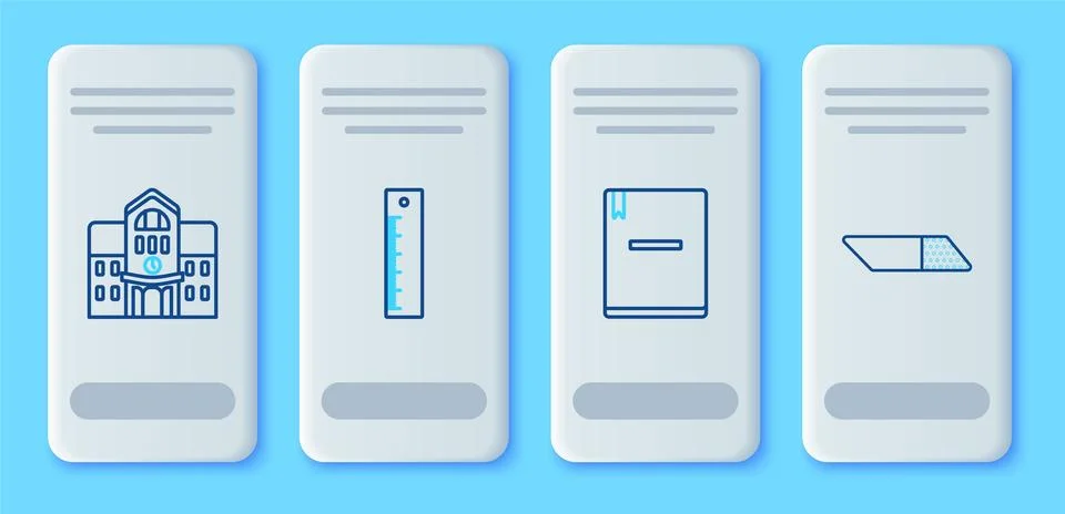 Set line Ruler, Notebook, School building and Eraser or rubber icon. Vector Ilustración de archivo
