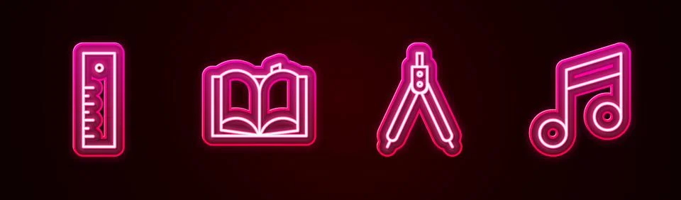 Set line Ruler, Open book, Drawing compass and Music note, tone. Glowing ne.. Stock Illustration