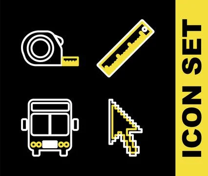 Set line Ruler, Pixel arrow cursor, Bus and Roulette construction icon. Vecto 스톡 일러스트
