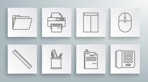 Set line Ruler, Printer, Pencil case stationery, File document and binder clip 스톡 일러스트