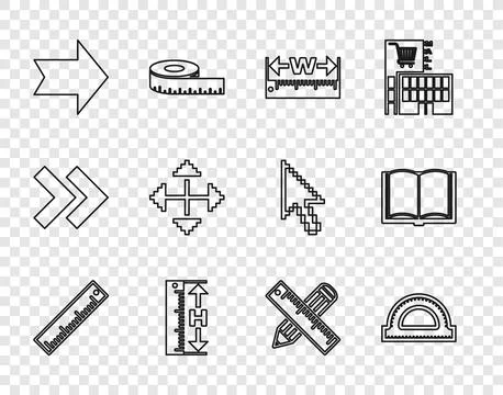 Set line Ruler, Protractor grid, Measuring height and length, Arrow, Pixel ar Illustrazione stock